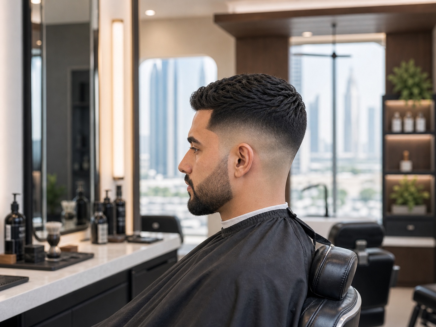 After haircut with clean taper fade and neat beard line