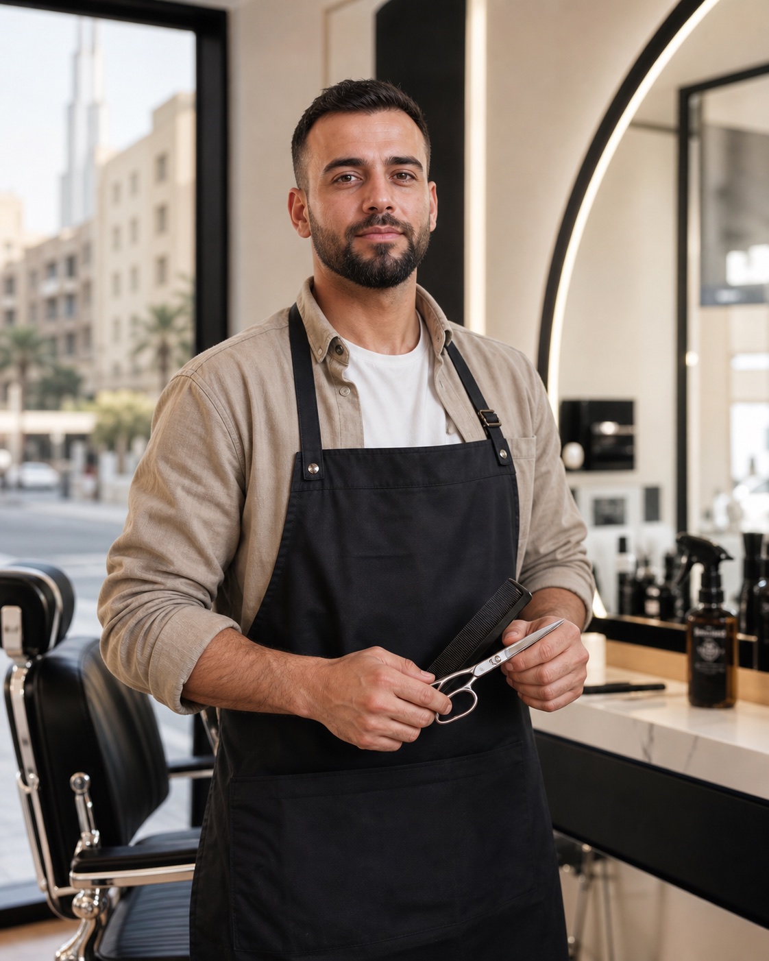 District barber chair profile for fades and beard work
