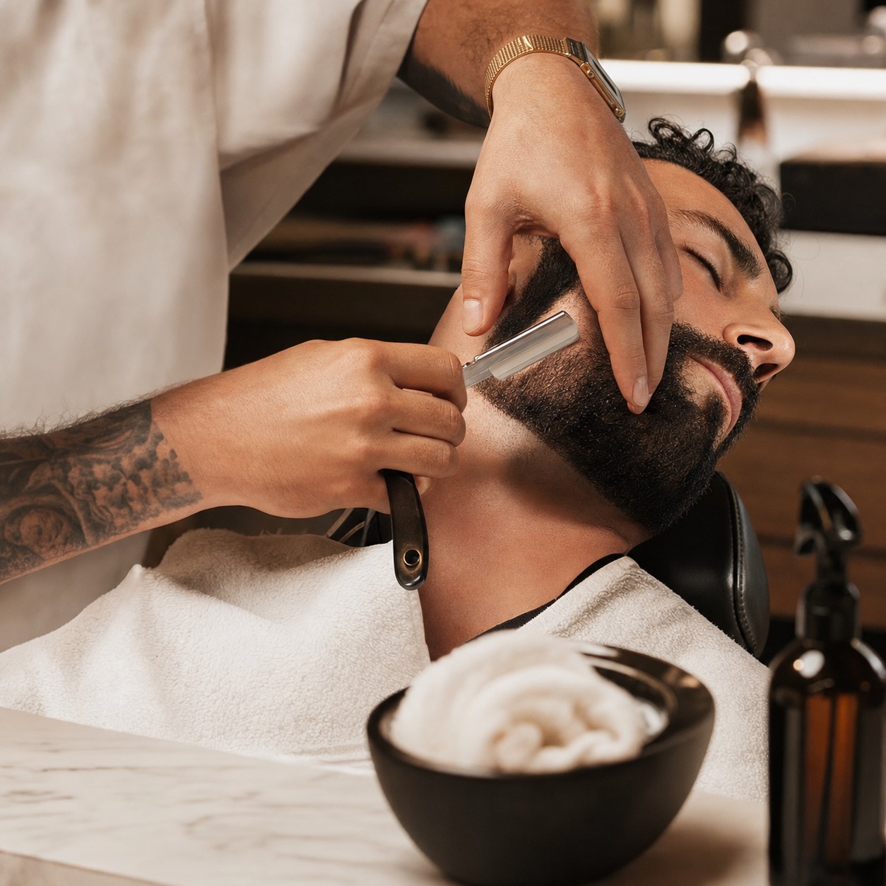 Close up of straight razor beard line service