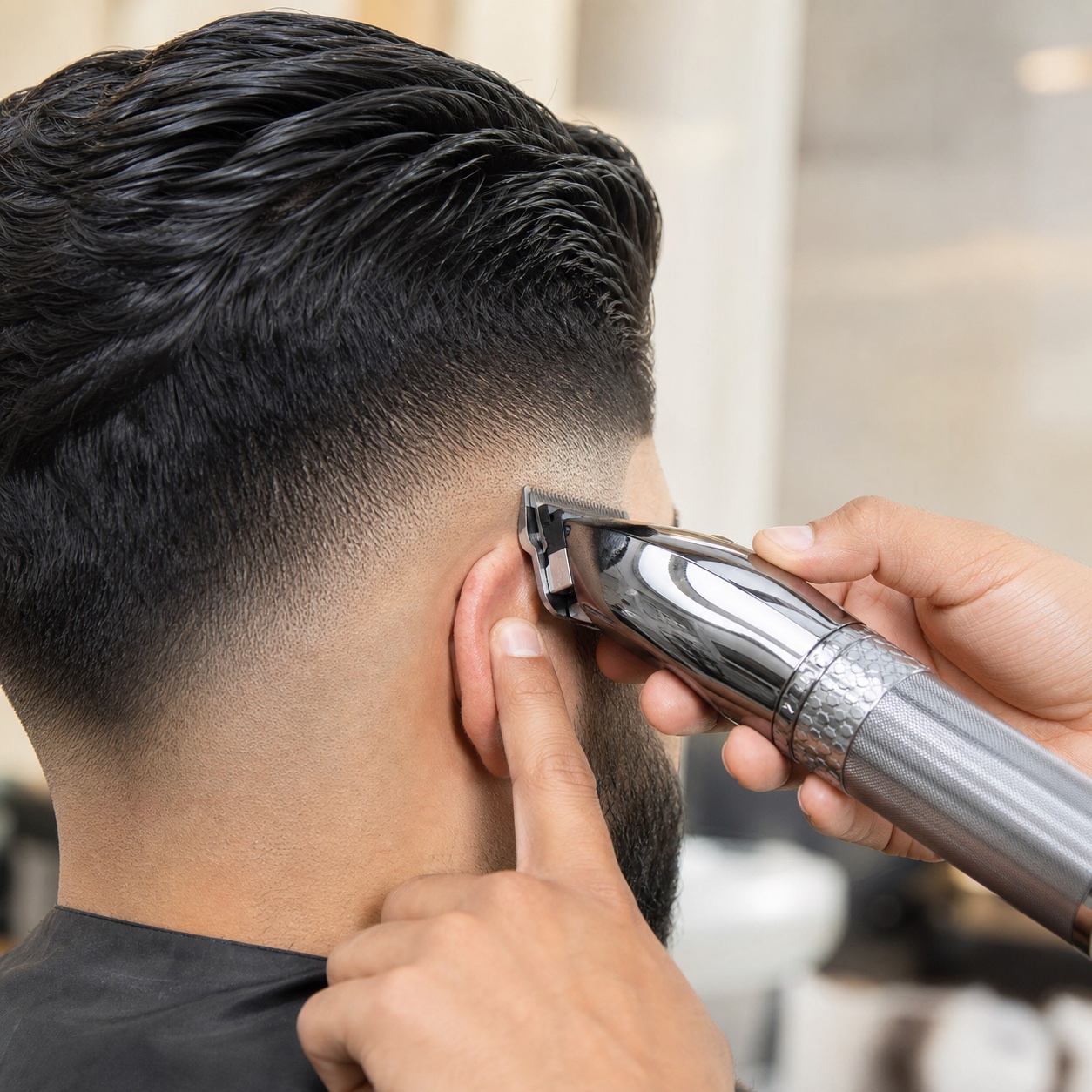 Close up of a barber shaping a fade with clippers