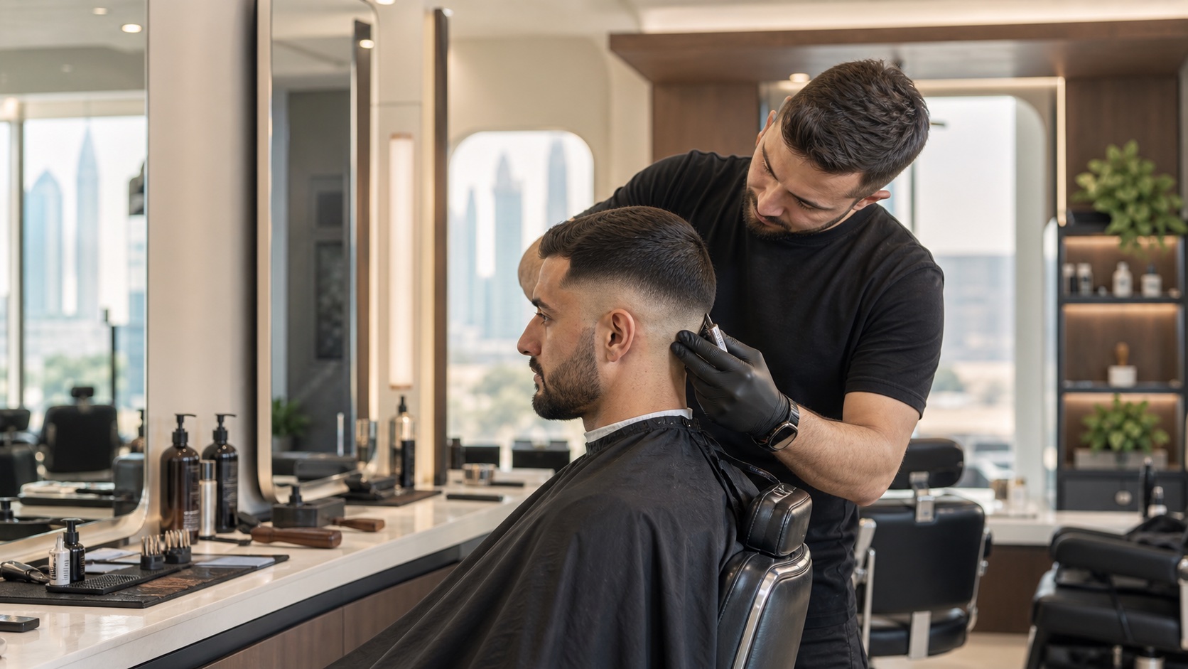 Barber finishing a clean fade inside a modern Dubai barbershop