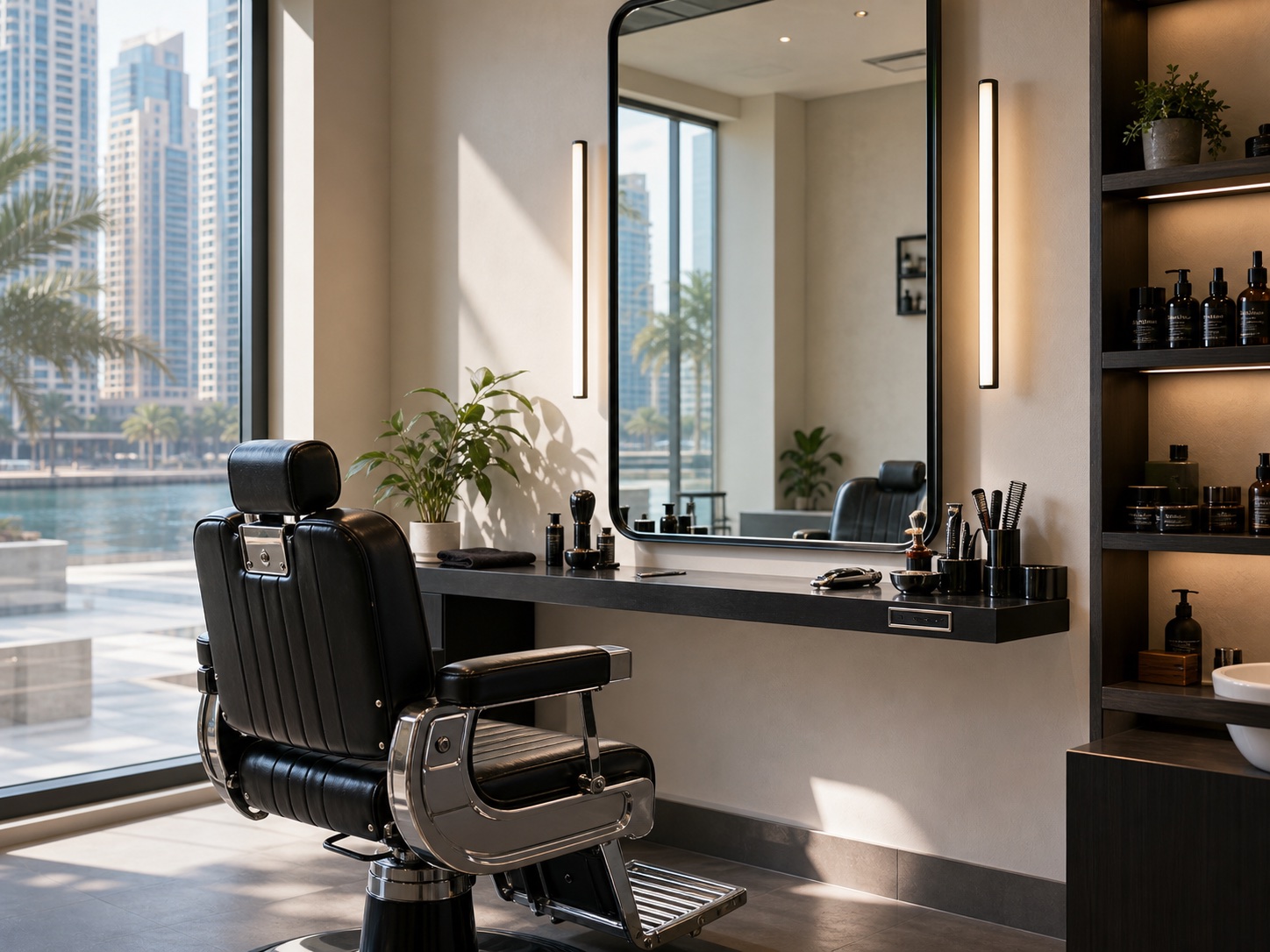 Clean barber chair and mirror station in a bright studio